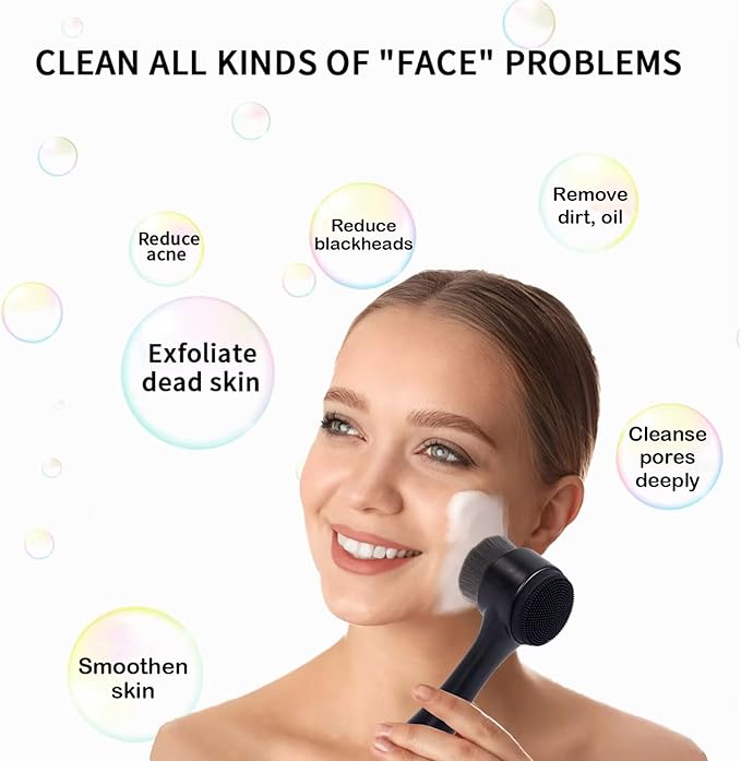 Face Brush 2 in 1, Silicone Facial Cleansing Exfoliating Brush Soft Bristles Pore Deep Cleansing, Jade Face Roller Skin Care Tools, Manual Dual Face Wash Scrub Brush Massaging Gift, BlackGreen
