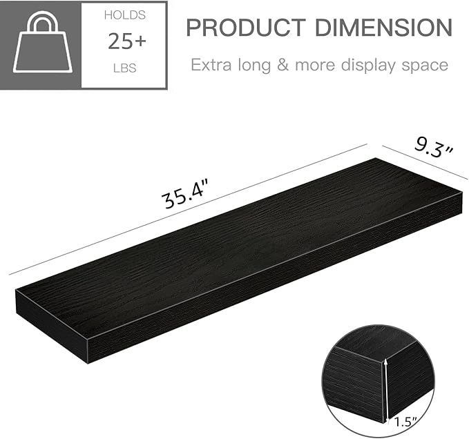 QEEIG Floating Shelves for Wall 35.4" Long - Wall Mounted Shelf Bathroom Kitchen Living Room Bedroom Farmhouse Home Decor Display Bookshelf Large 35.4 x 9.3 inch Set of 2, Black (008-90B)