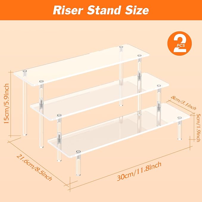 3 Tier Acrylic Display Risers, Large Perfume Organizer Stand, Clear Cupcake Stand Holder, Display Shelves for Figurines, Dessert Shelf for Party, Risers Display Stand for Decoration (2 Pack)
