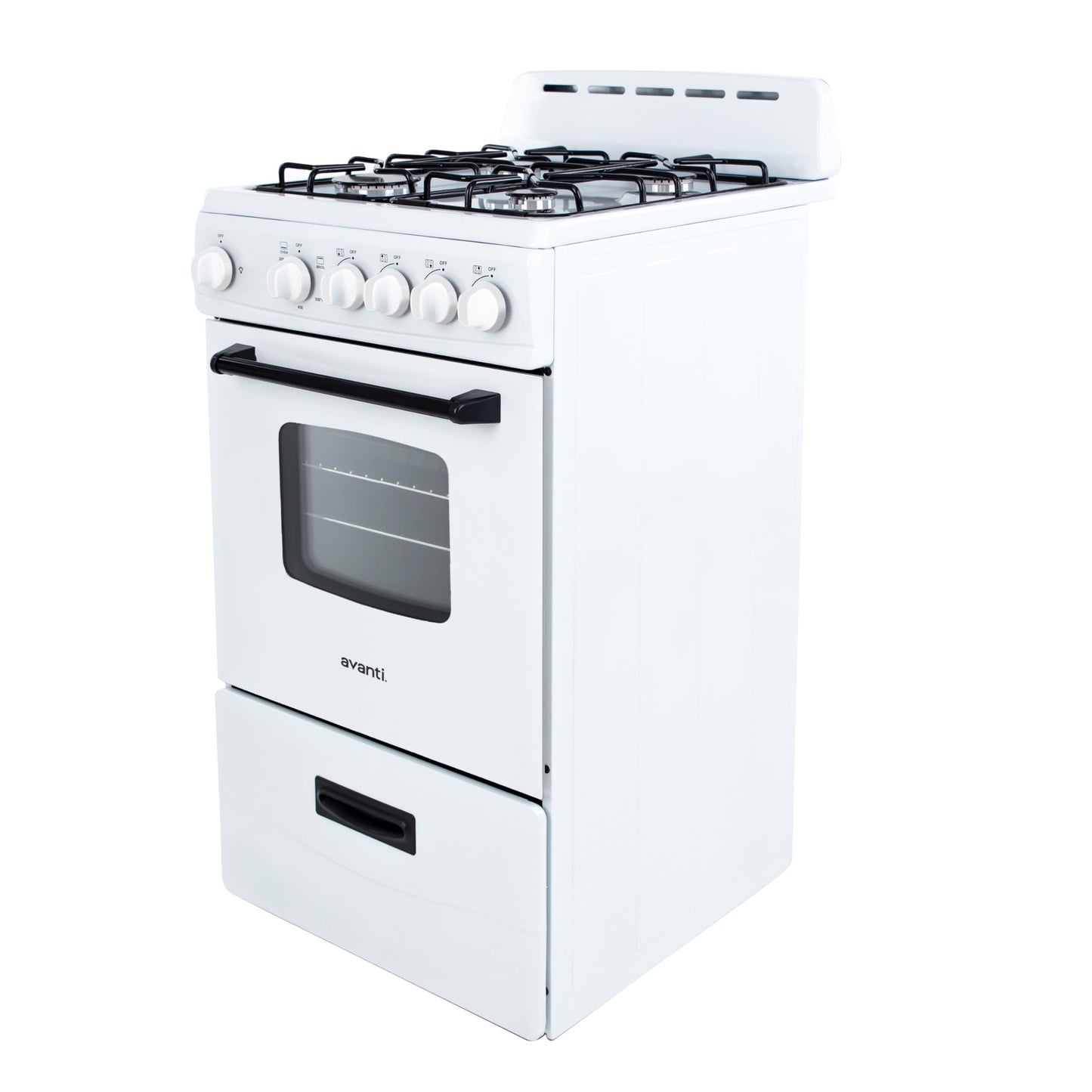 Avanti Gas Range Oven, Compact Freestanding Design, 4 Sealed Burners with Electronic Ignition, 2.1 Cu.Ft. Capacity Features Framed Glass Door Storage Drawer Broiler and Accessories, 20-Inch, White