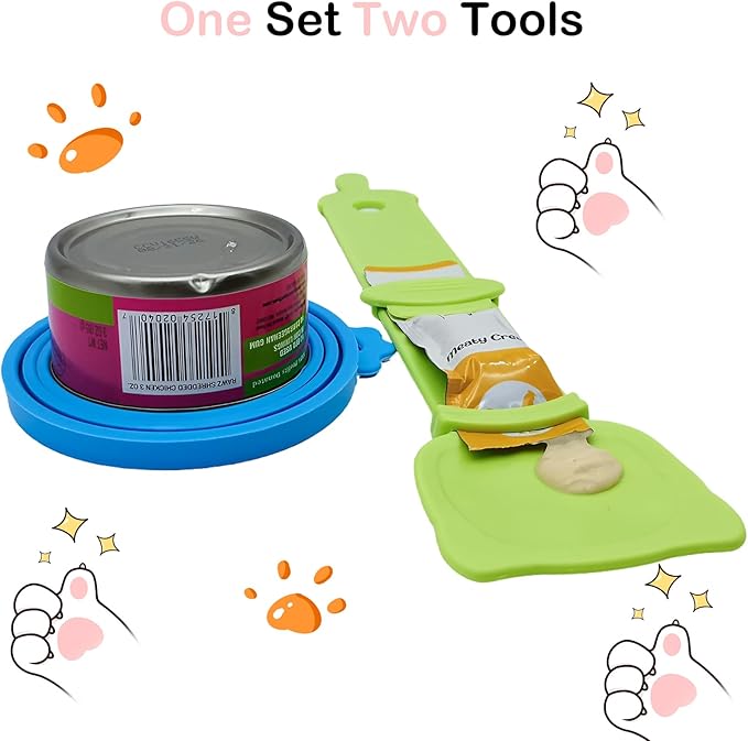 Universal Pet Food Can Lids - 3 Pcs, Squeezable Cat Treat Feeder & Spoon, Green/Blue/Orange Lids, Green Feeder