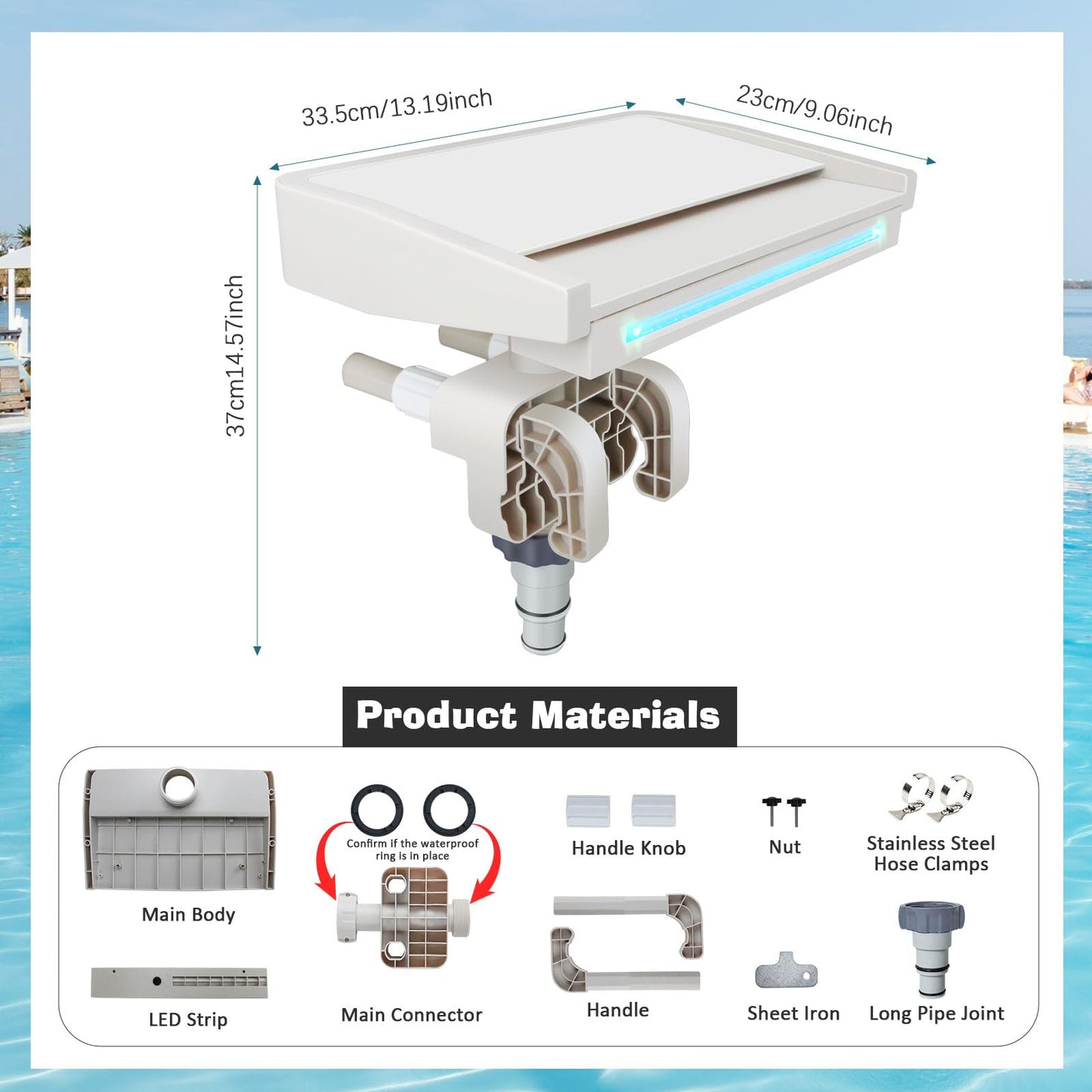 NICENICY Pool Waterfall with 7-Color LED Lights, Swimming Pool Waterfall Fountain for Above Ground Pools, Smooth Flowing Waterfall with Light for Relaxation, Fits 1.2" to 4.7" Above-ground Pool Frames
