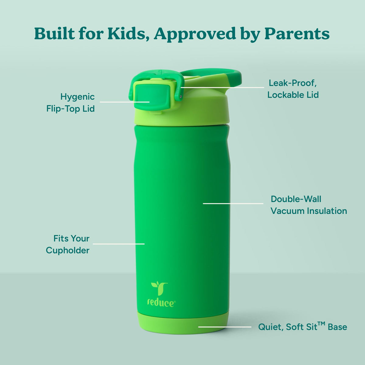 Reduce Hydrate Pro Kids 14oz Stainless Steel Insulated Water Bottle w/Straw – Spill Proof Tumbler for Kids – 30 Hour Cold Retention – Dishwasher Safe Leak-Proof Design - Clover Green
