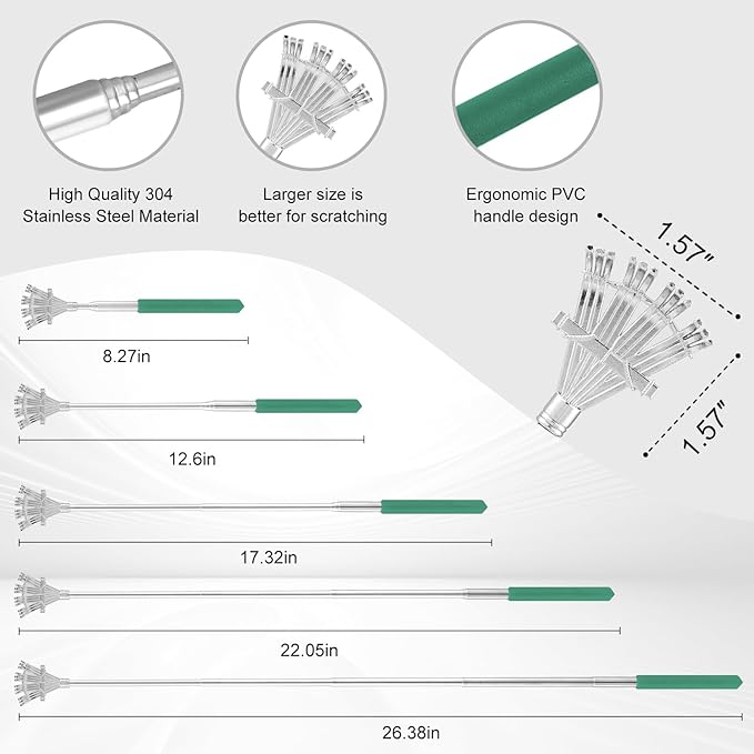 XKOS 4 Pack Different Back Scratcher Portable Telescoping with Rubber Handles, Extendable Metal Back Massager Tool with Beautiful Box, Stocking Stuffers for Men Women Adults (Green)
