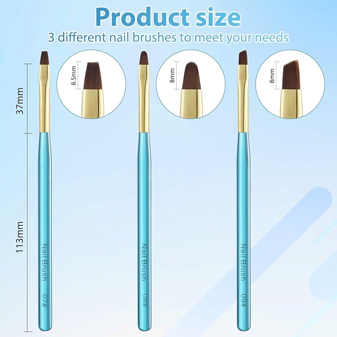 Metal Blue Nail Art Clean Up Brushes for Cleaning Polish Mistakes on the Cuticles, Acetone Resistant Nail Brush, Fingernail Cleaning Brushes for Nail Art and Designs (Round&flat&Bevel)