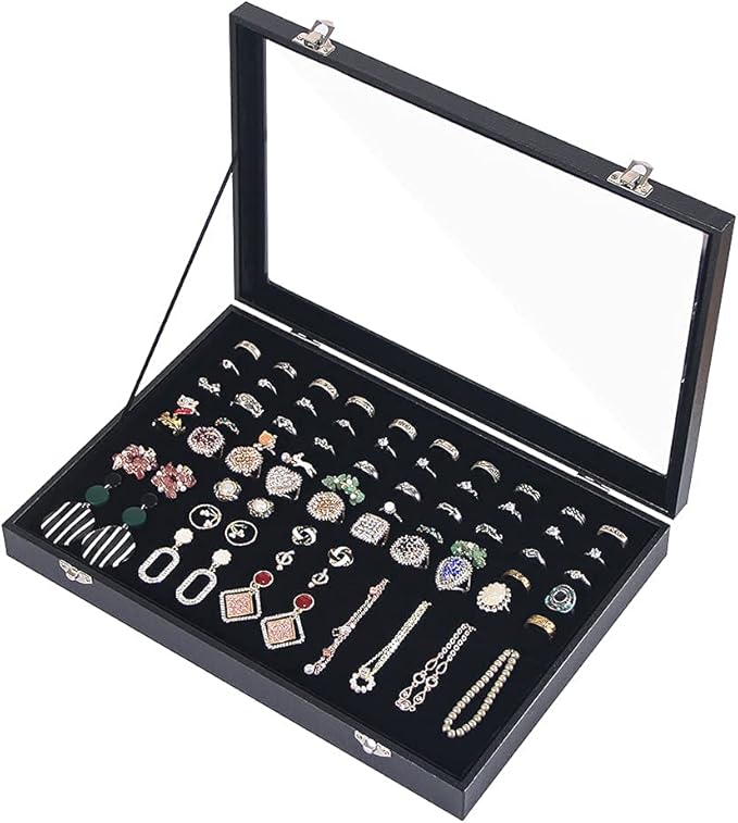 Ring Holder Organizer Box, Jewelry Display Case, Earring Necklace Storage Tray With Top Glass Lid (Black, 100 Slots)