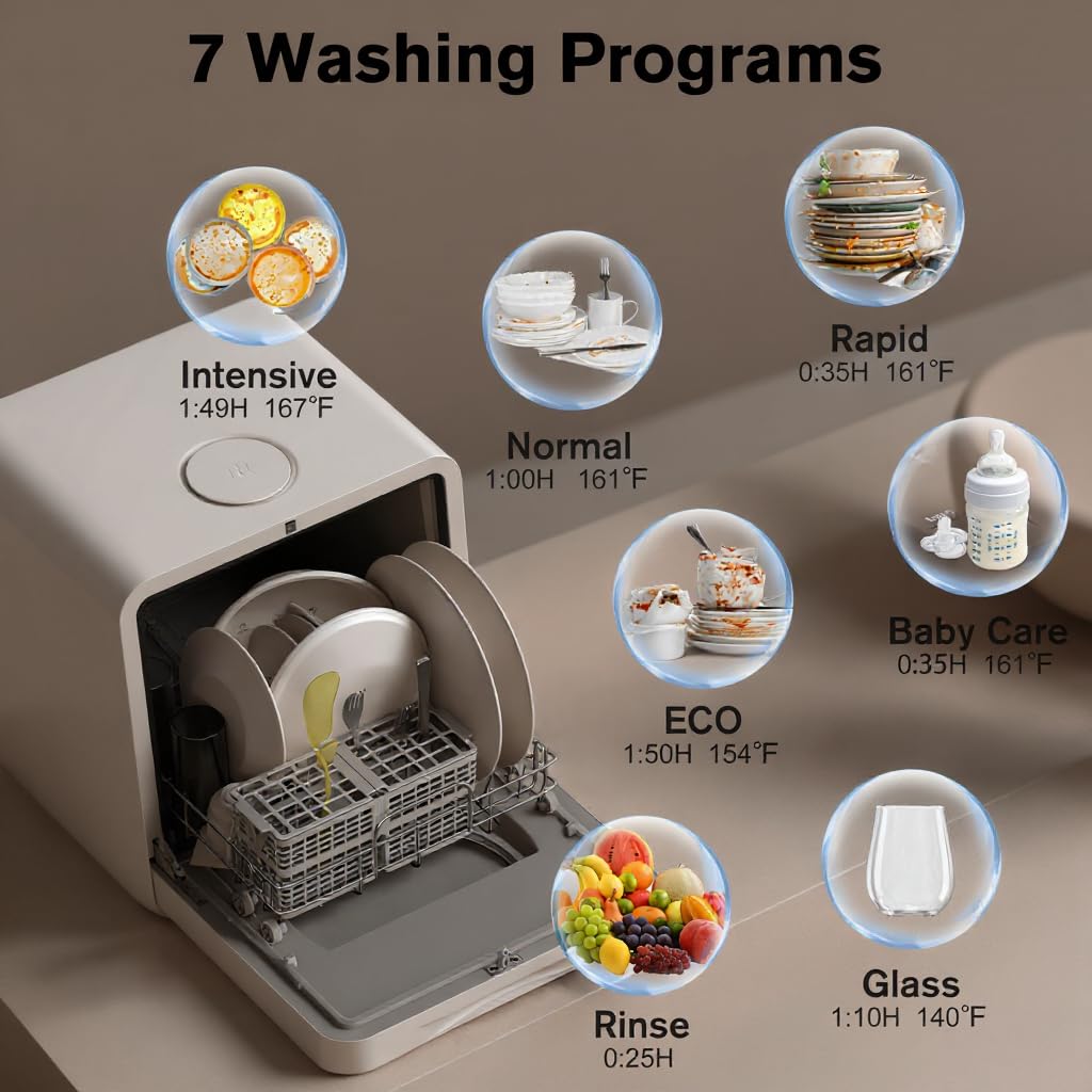 MOMOKOVA Portable Countertop Dishwasher with 5L Built-in Water Tank,Upgraded 7 Program & 24H Delayed Wash,360° Dual Spray, 167℉ High-Temp & No Hookup Needed for Home,white (white)