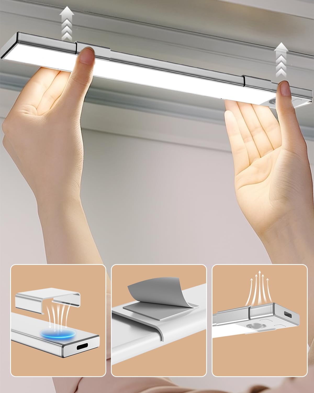 Under Cabinet Lighting 8 inch Rechargeable Battery Operated Motion Sensor Light Wireless Under Counter Lights for Kitchen, Stairs,Hallway (3 Pack)