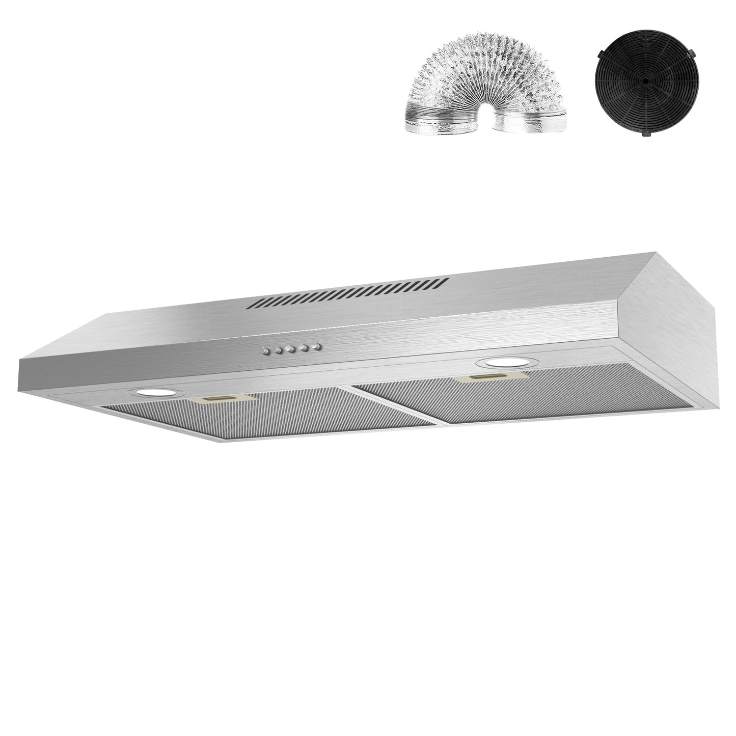 Alemania 30 Inch Under Cabinet Range Hood, Stainless Steel Kitchen Exhaust Fan 300 CFM, Ducted/Ductless Convertible Stove Vent Hood with Charcoal Filter & Aluminum Exhaust Pipe