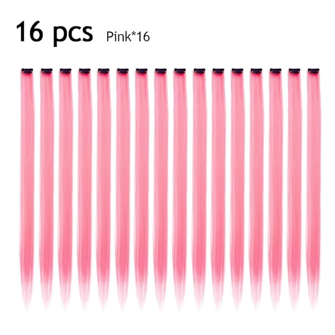 Colored Clip in Hair Extensions 20Inch Straight Syntactic Pink Color Hairpiece Rainbow Party Highlights for Women 16Pcs (Pink Ã¢ÂÂ¡)