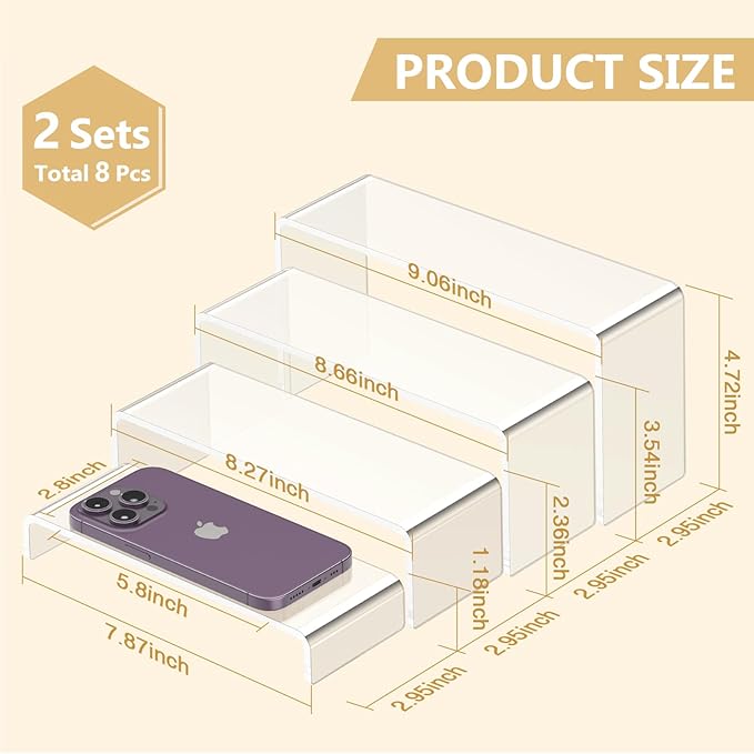 8 Pcs Large Acrylic Display Risers (7" L~9" L), Sturdy Rectangular Dessert Stands, Perfume Shelf Organizer, Clear Riser Stands, Display Shelves for Cupcake, Perfume, Figure, Collection, Decoration.