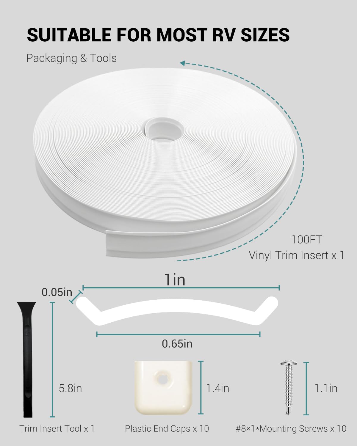 1” RV Trim Molding Insert, 100 Ft Heavy Duty RV Weather Stripping Exterior, Vinyl Rubber Seal Strip Includes End Caps, Screw Cover Trim for Camper Travel Trailer, White