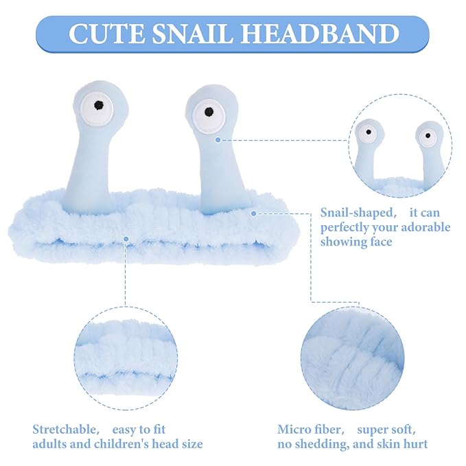 Face Wash Headband, Palm and Snail Spa Hair Bands Makeup Headbands Women Cartoon Cute Coral Fleece Elastic Headband Creative Hair Accessories for Washing Face Shower Sports (Blue)