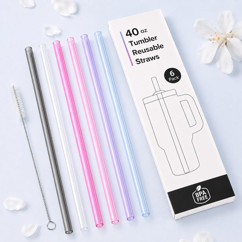 Joshey 12 Inch Tritan Replacement Straws for Stanley 40oz Tumbler - 6 Pack Reusable Long Straw with Cleaning Brush, Fits 30oz & 40oz Stanley Cup Accessories, BPA-Free (3 Colors)