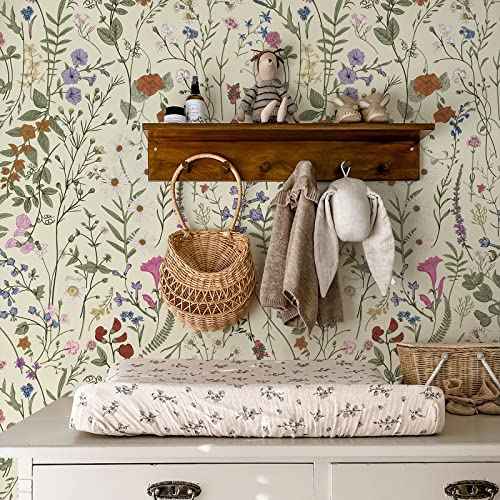 JiffDiff Floral Wallpaper Peel and Stick- 118" x 17.3" Farm Floral Wall Paper Wildwood Daisy Self Adhesive Stick On Wallpaper Removable Contact Paper (Mustard)