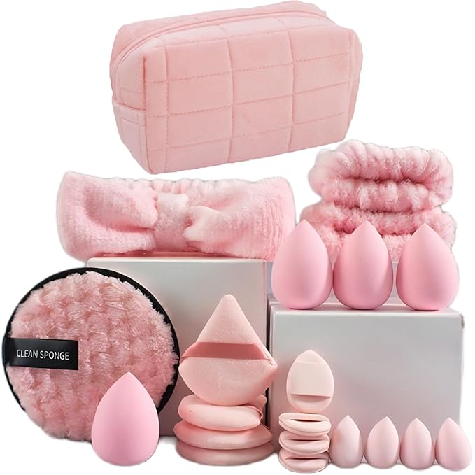 Skincare Face Wash Spa Headband and Wristband Set Makeup Sponges Set Quilted Makeup Bag Face Soft Triangle Makeup Puff Sponge Pieces Powder Puff Women and Teen Girl Gifts Trendy Stuff (Pink bag)