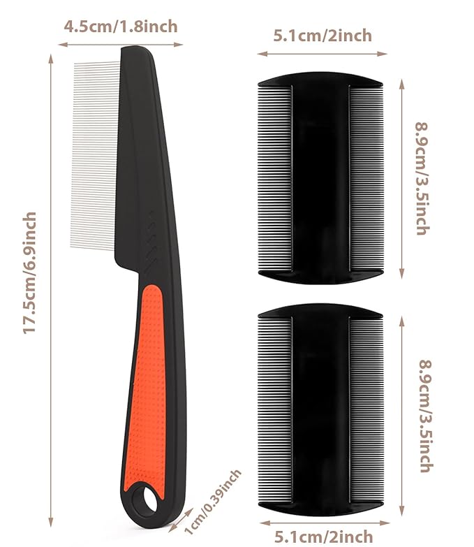 Dandruff Comb Fine Tooth Scalp Detox Comb Lice for Women, Men & Kids Stainless Steel Scalp Detoxing, Sweep & Massage Hair Brush Tool for Hair Care (3PC Black+Red)