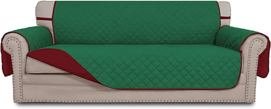 Easy-Going 4 Seater Sofa Slipcover Reversible Sofa Cover Water Resistant Couch Cover with Foam Sticks Elastic Straps Furniture Protector for Pets Children Dog Cat (XX-Large, Green/Christmas Red)