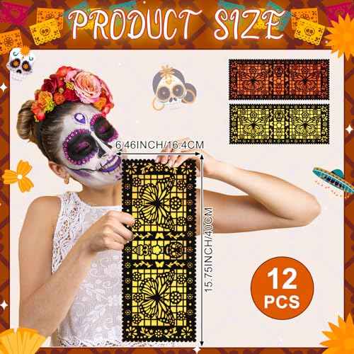 Epakh 12 Pcs Felt Picado Panels, Mexican Dia De Los Muertos Ofrenda Wall Decoration, Monarch Butterfly Sugar Skull Mexican Dia De Los Muertos Altar Backdrop Decorations for Diwali Altar Grave