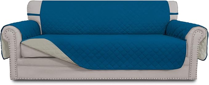 Easy-Going Reversible Oversized Couch Cover for 3 Cushion Couch Sofa Cover for Dogs Water Resistant Furniture Protector Cover with Foam Sticks for Pet (Oversized Sofa, PeacockBlue/Beige)