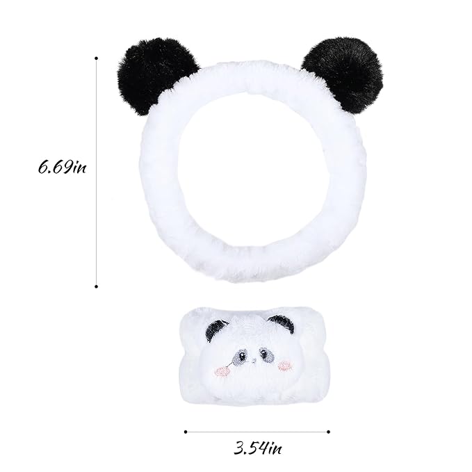 Pom Pom Panda Ears Plush Wash Face Headband Spa Wrist Band Cuffs Hair Scrunchy Women Girls Facial Makeup Skincare Bath Head Wrap Kids Costume Party Supply Birthday Gift
