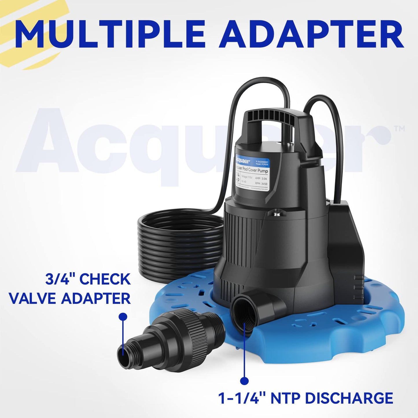 Acquaer Automatic Swimming Pool Cover Pump, Submersible Sump Pump with 3/4” Check Valve Adapter & 25ft Power Cord, Water Removal for Pool, Hot Tubs, Rooftops, Water Beds and More, 1/3 HP 2950 GPH