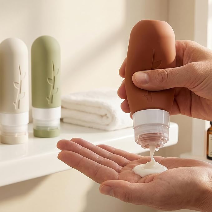 Travel Bottles Kit (16 Pack) - TSA Approved, Leak Proof Silicone Squeezable Containers for Toiletries. Complete Set with Jars, Sprayers & Bag (Earthy brown)