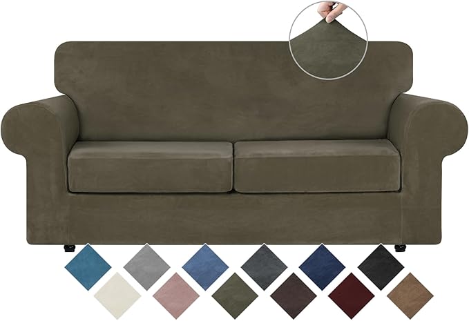 WEERRW Velvet Couch Covers for 2 Cushion Couch Sofa - High Stretch Luxury Velvet Plush 3 Pieces Sofa Slipcovers with Elastic Bottom, Furniture Protector for Pets, Machine Washable, Light Brown, Medium