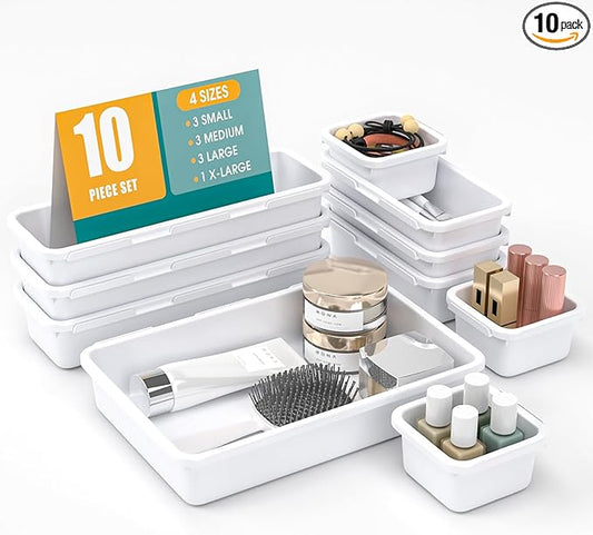 10 PCS Drawer Organizer Set, 4 Size Makeup Drawer Divider Organizer With Non-Slip Pads, Interlocking Plastic Storage Bins for Office,Jewelry Vanity,Gadgets, Bathroom,Kitchen, White
