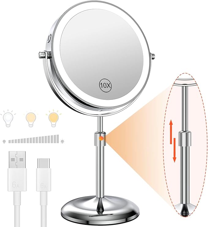 Benbilry Lighted Makeup Mirror with Magnification 10X & 3 Color Lights, Adjustable Brightness & Height, 7 Inch 360° Swivel Rechargeable LED Magnifying Make Up Vanity Mirror with Lighting (Silver)