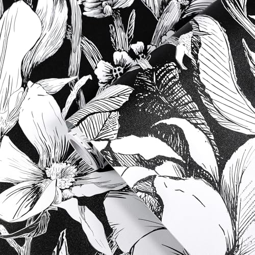 Black and White Floral Wallpaper A Set of 17.3"x120" Modern Boho Peel and Stick Wallpaper Self-Adhesive Removable Floral Contact Paper for Cabinets Drawer Shelf Liner