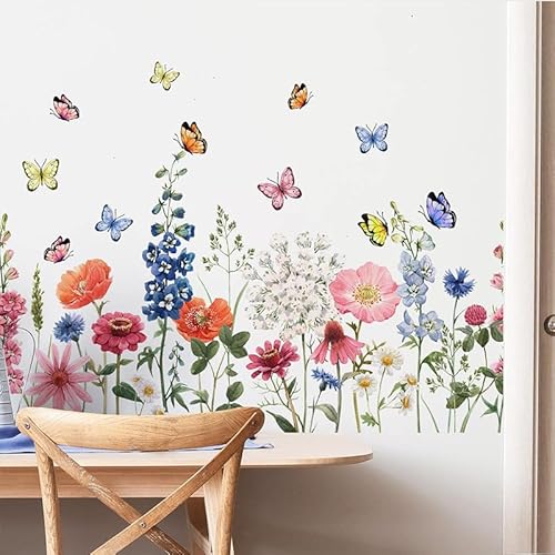 Wildflower Wall Decals Daisy Wildflower Grass Butterflies Wall Stcikers for Girls Bedroom, Living Room, Kids Room Wall Decor