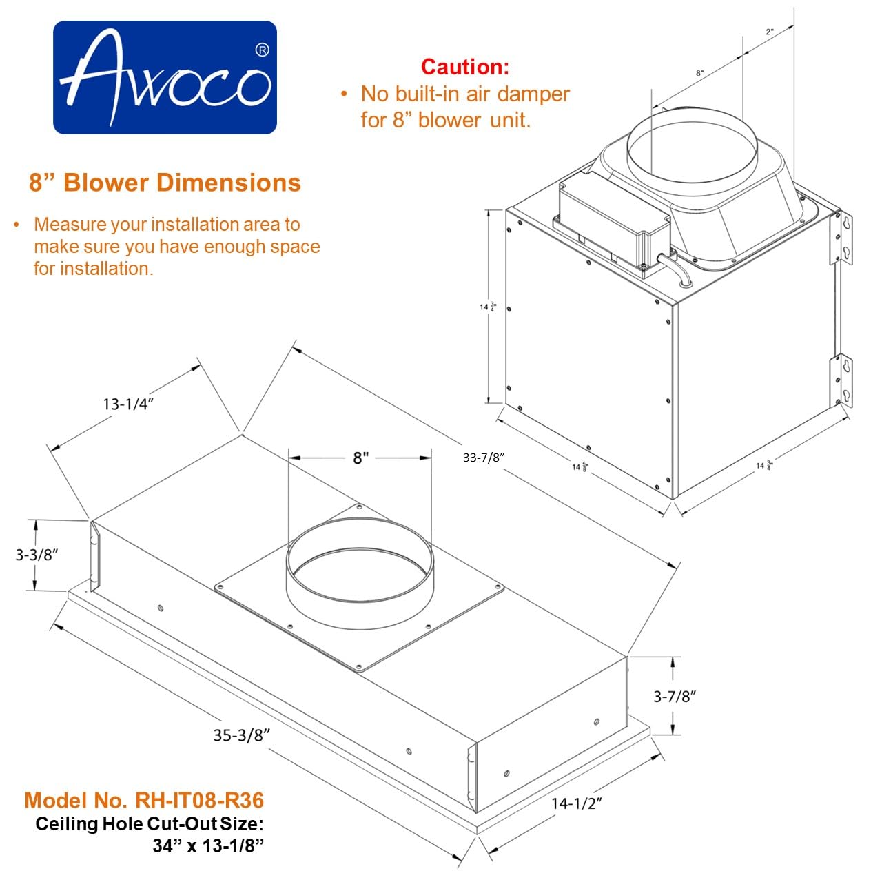 Awoco 14-1/2”D Super Quiet Split Insert Ceiling Mount Stainless Steel Range Hood, 4-Speed, 1000 CFM, LED Lights, Mesh Filters with 8” Blower & Remote Control (36"W 8" Vent)