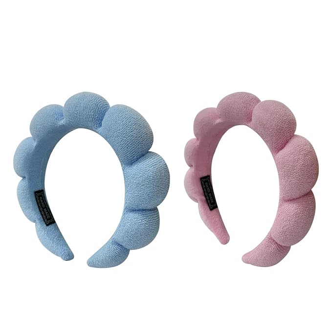 Puffy Sponge Spa Hairband, 2 Pack for Women Face Washing, Makeup Removal, Shower, Skincare (Pink, Blue)