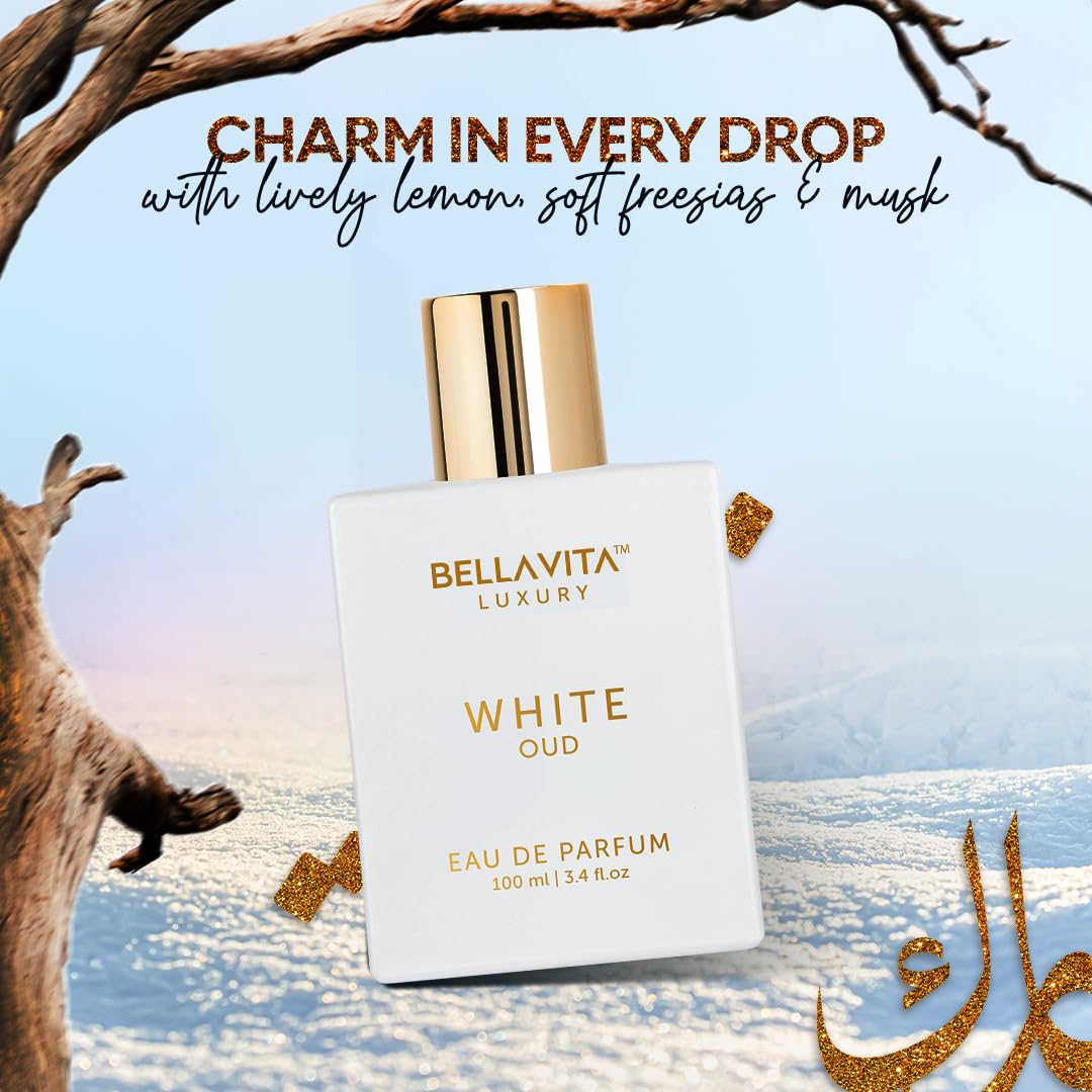 Bellavita Luxury White Oud Eau de Parfum | 100 ml (3.4 fl.oz.) | Perfume for Men and Women | Fruity, Artemisia Lemon, Freesia, and Tobacco Notes | Long Lasting Unisex Fragrance