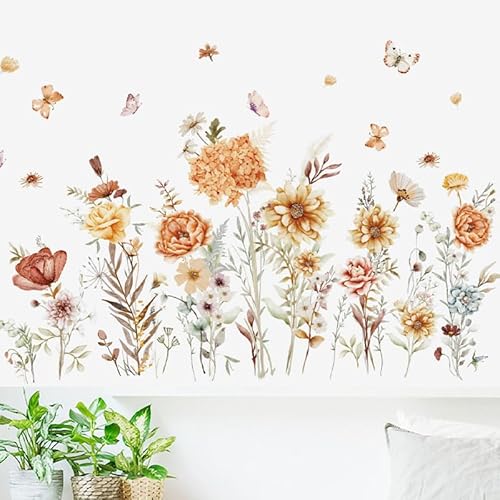 Boho Wall Decor Stickers Floral Wallpaper Peel and Stick Pretty Flowers Butterfly Wall Decals for Living Room Baby Kids Nursery Girls Bedroom Wall Decoration