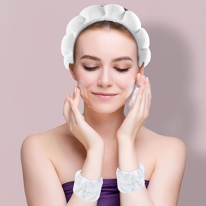 WSICSE Spa Headband for Washing Face, Sponge Skincare Headband and Wrist Washband Set Stocking Stuffers for Girls Women