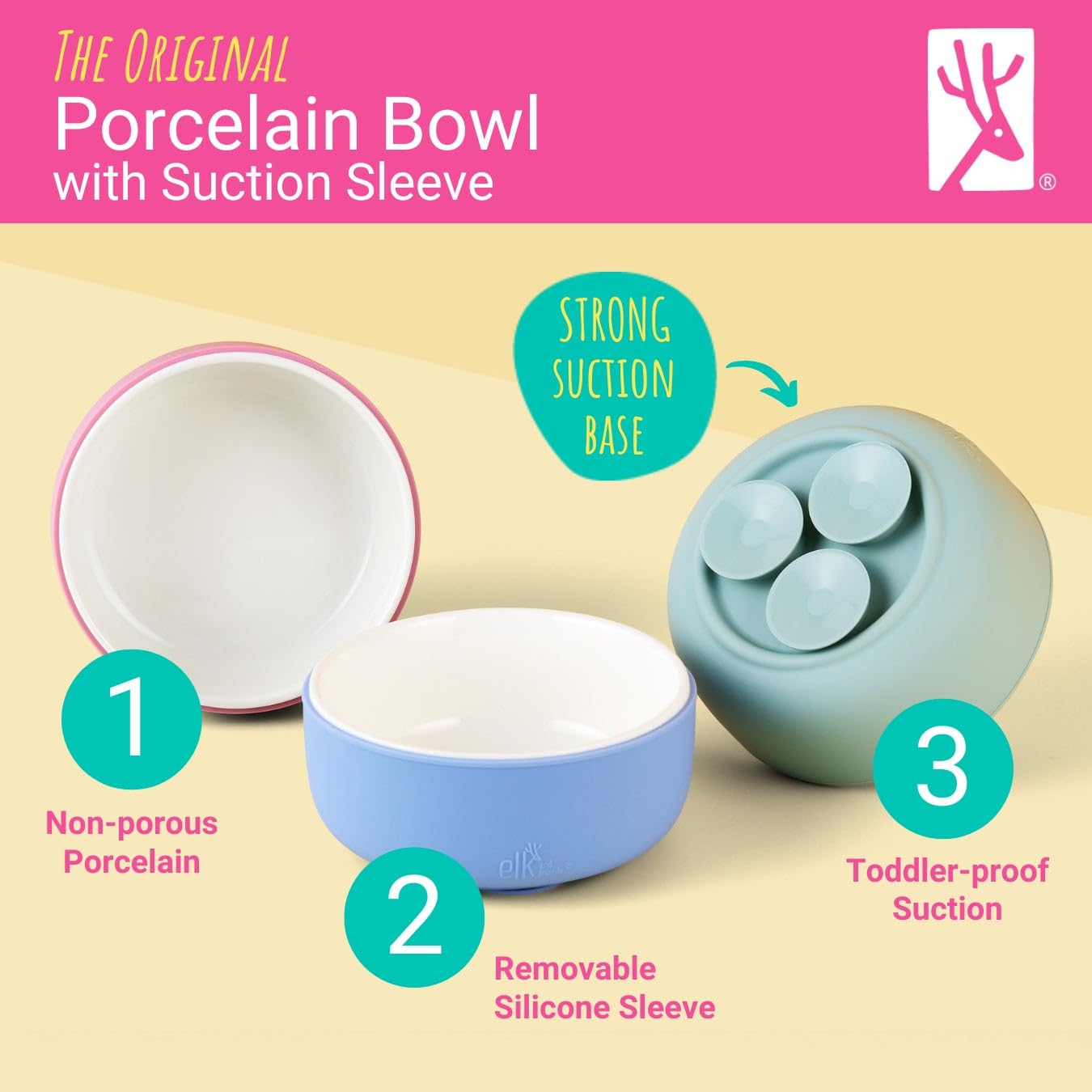 Elk and Friends Kids Porcelain Bowls with Silicone Suction Sleeves | Suitable for Babies/Toddlers | Microwave & Dishwasher Safe | Stay Put Dinnerware | Snack Dishes | 2 Pack