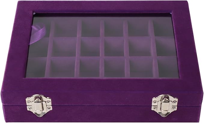 Velvet Jewelry Box 24 Grid Jewelry Earrings Display Organiser Box Ring Tray Holder Earrings Storage Case for Girls Women Wife Mom (Purple)