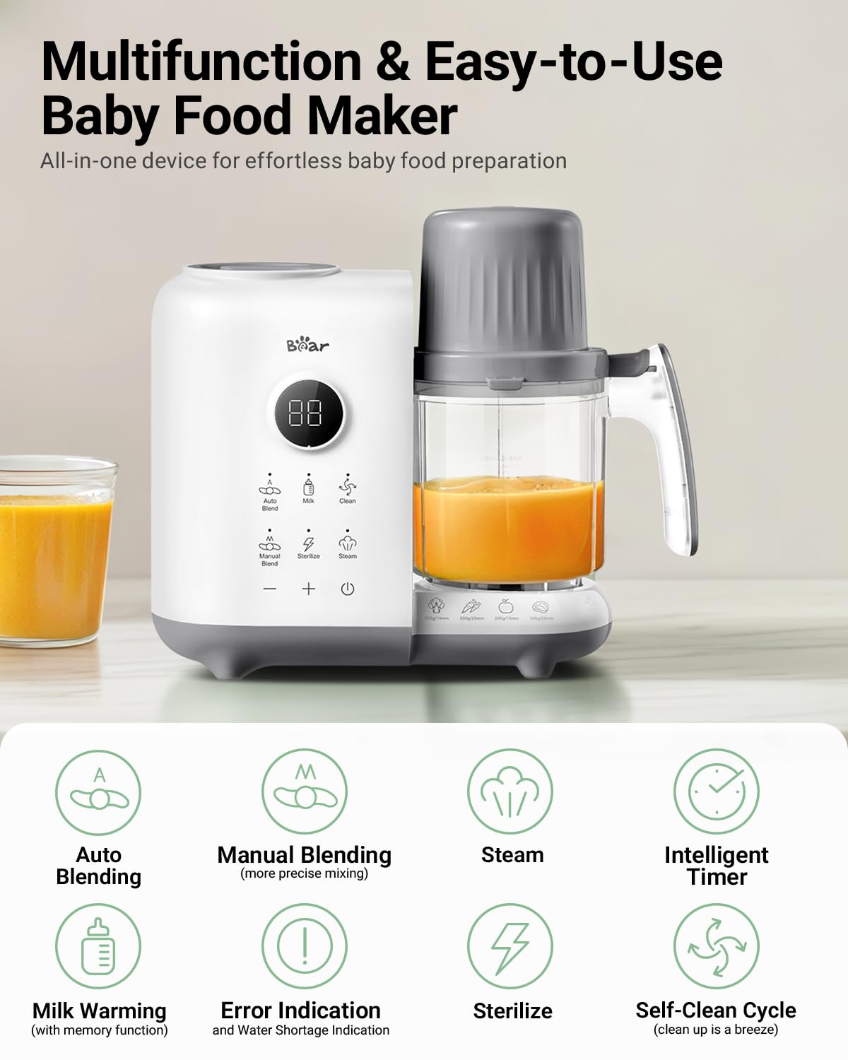 Bear Baby Food Maker with 18.5oz Dual-Layer Steam Baskets, OneStep Baby Food Processor Steamer Puree Blender Grinder Mills, Auto Cooking Grinding&Sterili-zing for Healthy Homemade Baby Food, BPA-Free