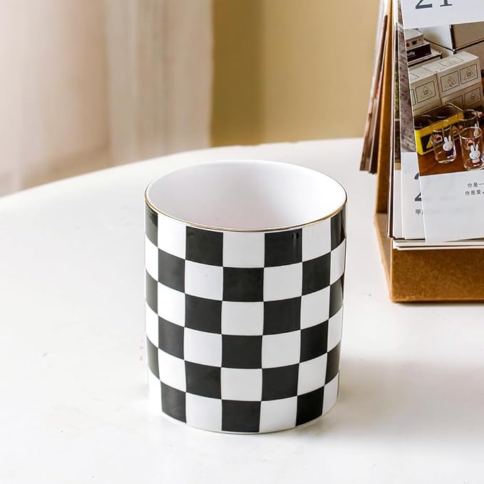 Ceramic Checkered Pen Holder For Desk Cute Stand Gold Line Pencil Cup Pot Desk Organizer, Office Desktop Decor, Makeup Brush Holder for Girls,Women (Black-white)