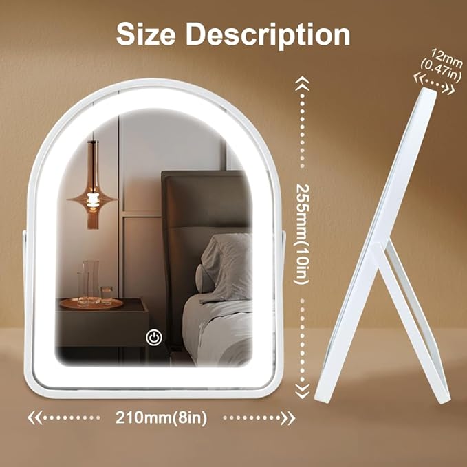 Rechargeable Vanity Mirror with Lights,10"×7.8" Arched LED Makeup Mirror with Lights, Smart Touch Control Dimmable 3 Modes Light up Mirror for Dorm Desk Dressing Room,Gift for Women