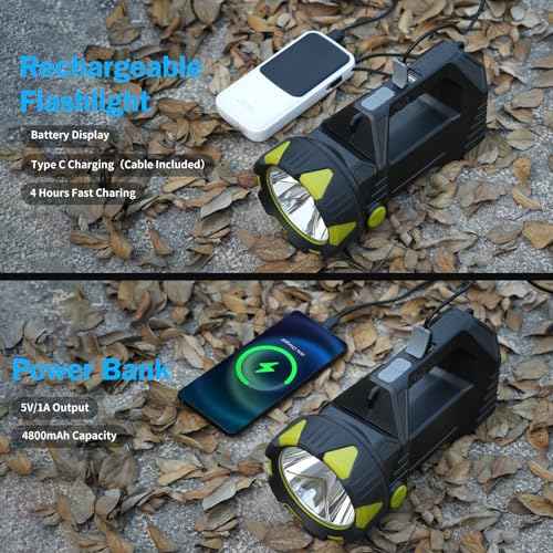 LED Spotlight, 10000 Lumens Rechargeable Flashlight, 90¡Æ Rotate, 8 Modes with Cob& Tail Light, IPX5 Waterproof,4800mAh Battery, Handheld Flashlight for Camping, Emergency