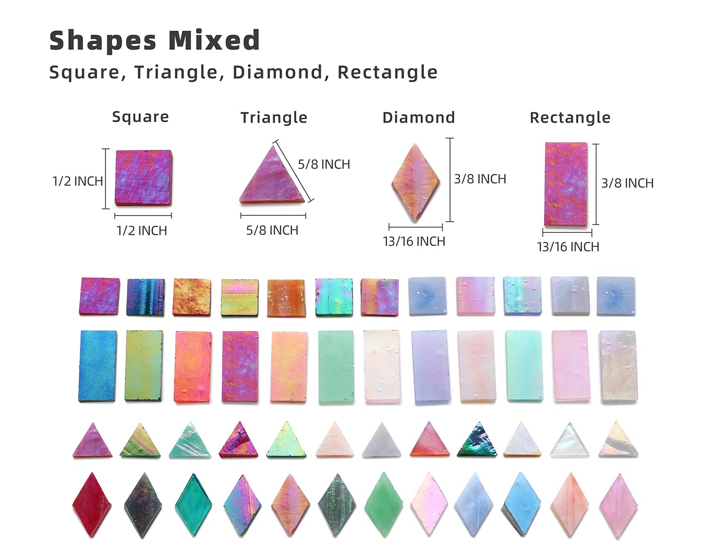 Lanyani Iridescent Glass Mosaic Tiles Bulk, 4-Shapes 700 Pieces Sparkle Iridized Stained Glass Tile for Mosaic Crafts