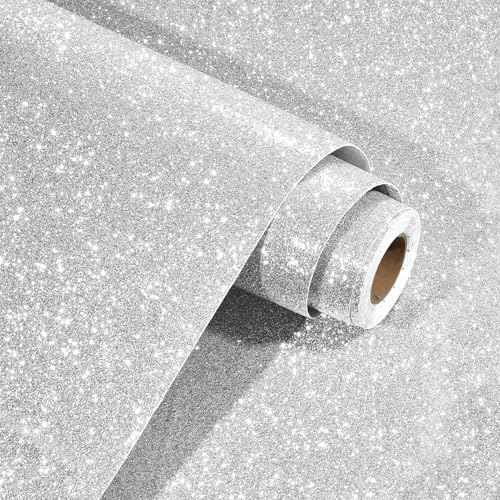 WESTICK Sparkle Silver Glitter Wallpaper Stick and Peel Silver Glitter Contact Paper for Cabinets Drawers Self Adhesive Remocable Glittery Fabric Wallpaper Borders for Walls DIY Decoration 12" x 80"