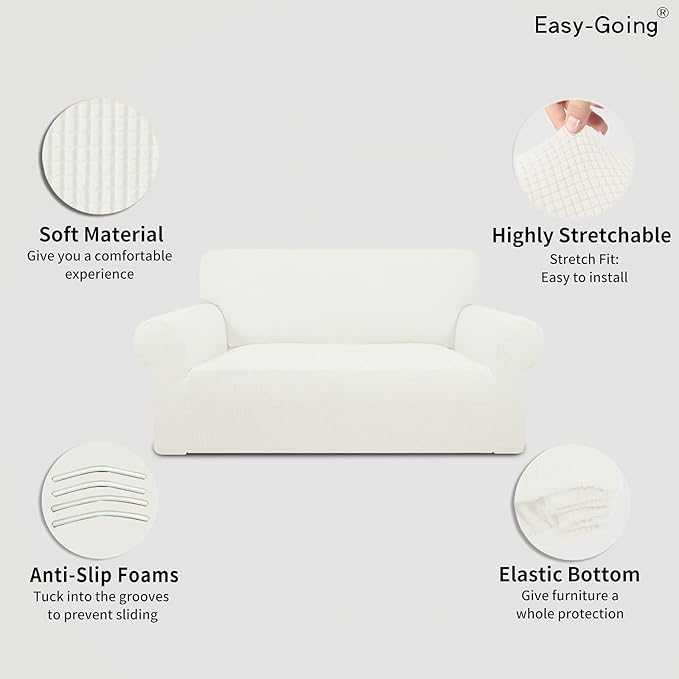 Easy-Going Stretch Loveseat Slipcover 1-Piece Sofa Cover Furniture Protector Couch Soft with Elastic Bottom for Kids Polyester Spandex Jacquard Fabric Small Checks (Loveseat, Cream)