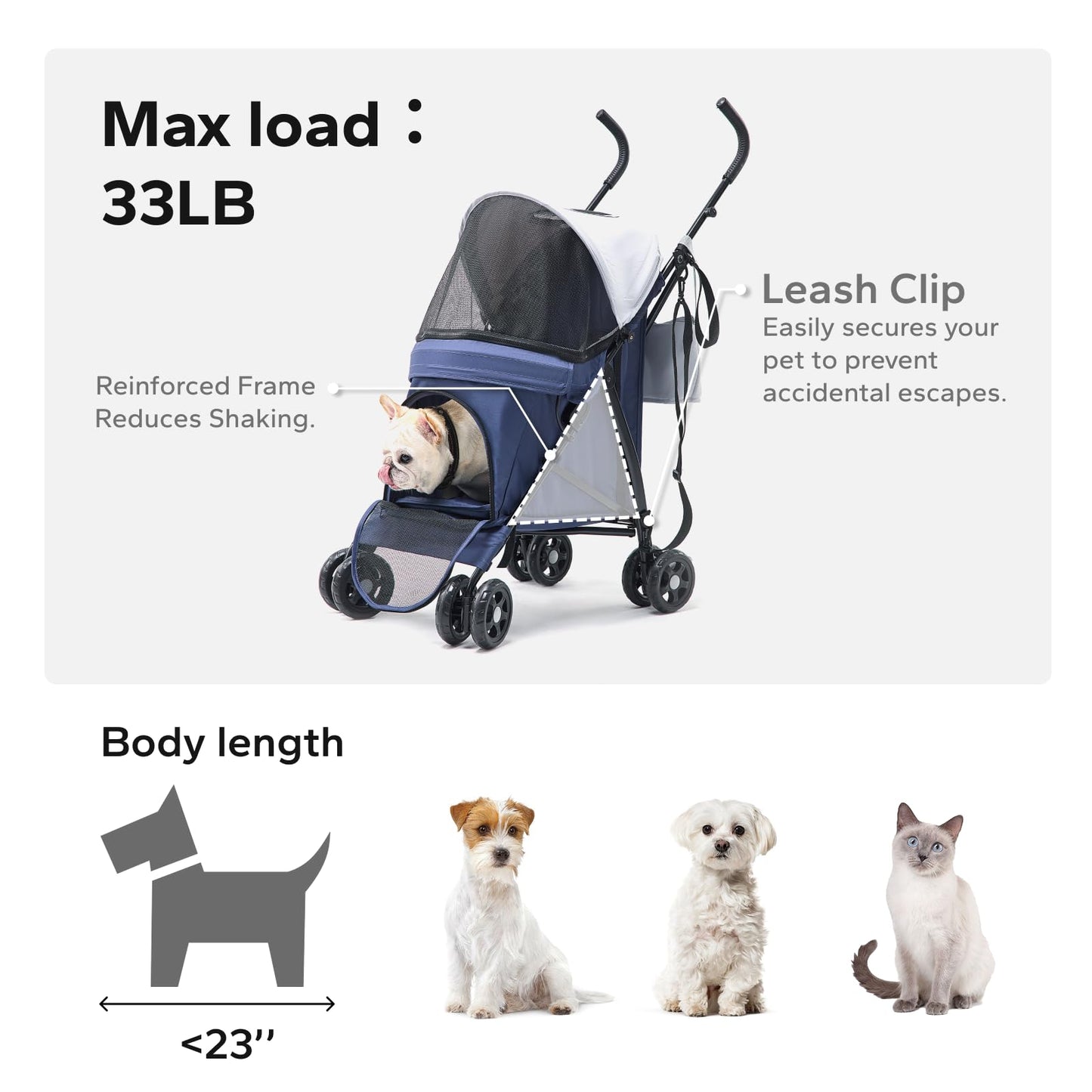 TerraPede Lightweight 10 lbs Foldable Pet Stroller for Small Dogs & Cats, Easy-Fold Compact, with Adjustable Sun Canopy, Cup Holder, Breathable Mesh, Pad & Storage Bag, Holds 33 lbs, Blue Gray