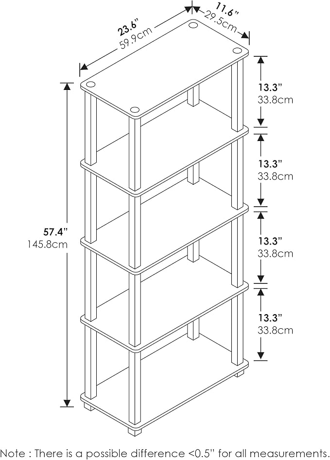 Furinno TURN-S-TUBE Book Shelf, 5-Tier Toolless Storage Shelves with Square Tubes, Shelving Unit for Organization and Storage for Living Room, Home Office, French Oak