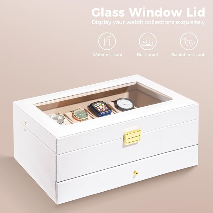 ProCase Watch Box, 12 Slot Mens Watch Case With Drawer, 2-Layer Watch Display Case With Glass Lid, Mens Jewelry Box Storage Holder Organizer, Birthday Valentine Gifts for Men -12Slot, White