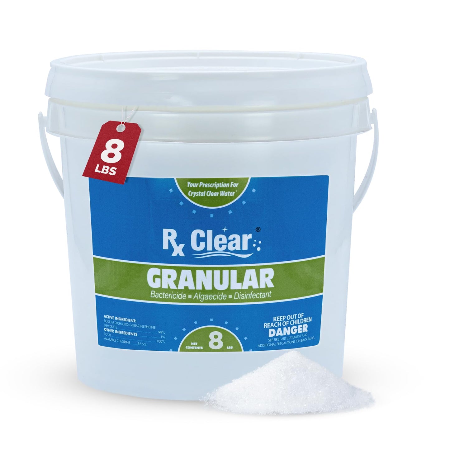 Rx Clear 8 lbs Granular Pool Chlorine | Use As Bactericide, Algaecide, & Disinfectant in Swimming Pools, Hot Tubs, & Spas | Stabilized, Fast Dissolving & UV Protected